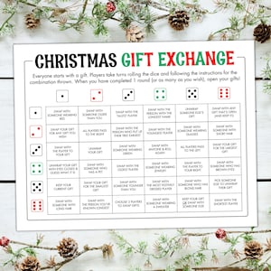 Christmas Gift Exchange Game - Printable Christmas Dice Game - Office Christmas Party Game - Gift Swap Game for Kids & Adults (2 Dice)
