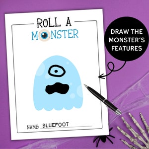 K&ouml;nnte beinhalten: Ein druckbares Halloween-Spiel f&uuml;r Kinder namens "Roll a Monster". Das Spiel enth&auml;lt einen blauen Geist mit einem einzigen Auge, einem Schnurrbart und einem Namensschild mit der Aufschrift "Bluefoot".