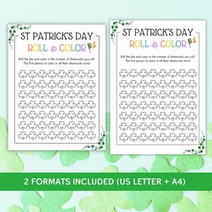 May include: Printable St. Patrick's Day game for kids. Two sheets with a grid of shamrocks to color in. Roll a die and color in the number of shamrocks rolled. The first person to color in all their shamrocks wins.