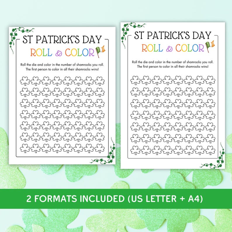 May include: Printable St. Patrick's Day game for kids. Two sheets with a grid of shamrocks to color in. Roll a die and color in the number of shamrocks rolled. The first person to color in all their shamrocks wins.