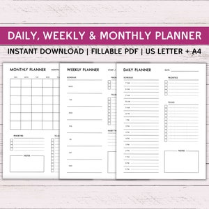 Editable Daily + Weekly + Monthly Planner Set - Instant Download - Blank Fillable PDF - Printable Productivity Planner - Modern + Minimalist