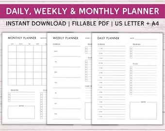 Editable Daily + Weekly + Monthly Planner Set - Instant Download - Blank Fillable PDF - Printable Productivity Planner - Modern + Minimalist
