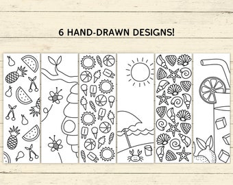 Printable Summer Coloring Bookmarks - Set of 6 - PDF Instant Digital Download - Unique Hand-Drawn Bookmarks to Print & Color at Home