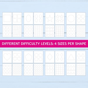 May include: A printable worksheet with different shapes in four sizes. The shapes include squares, circles, stars, ovals, hearts, pentagons, diamonds, and triangles. The worksheet is designed to help children learn about shapes and sizes.