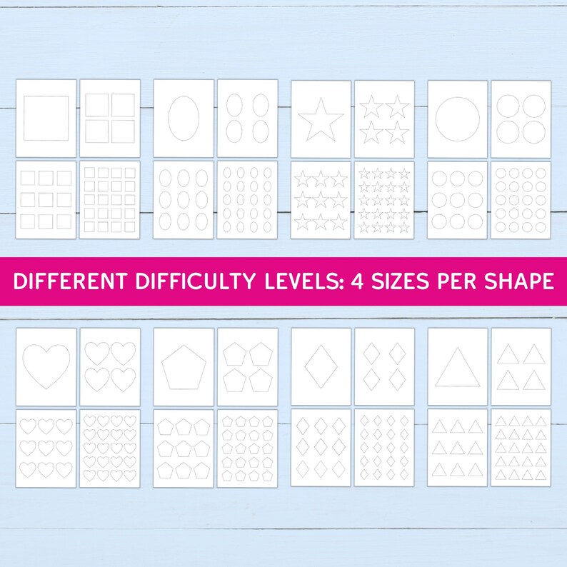 May include: A printable worksheet with different shapes in four sizes. The shapes include squares, circles, stars, ovals, hearts, pentagons, diamonds, and triangles. The worksheet is designed to help children learn about shapes and sizes.