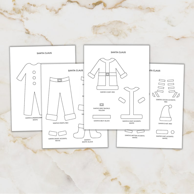 K&ouml;nnte beinhalten: Ausdruckbare Malvorlagen f&uuml;r den Weihnachtsmann mit Umrissen des Weihnachtsmann-Outfits, einschlie&szlig;lich Mantel, Hose, Hut, Stiefel und Accessoires. Die Seiten sind mit "Weihnachtsmann" beschriftet.