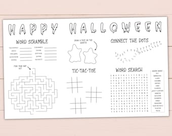 Printable Halloween Activity Placemat for Kids - 3 Sizes - Activity Sheet Instant Download - Coloring Placemat for Home & Halloween Parties
