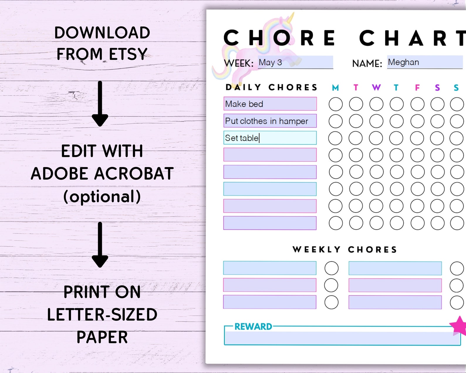 Editable Printable Chore Chart for Kids Vertical Pink & | Etsy