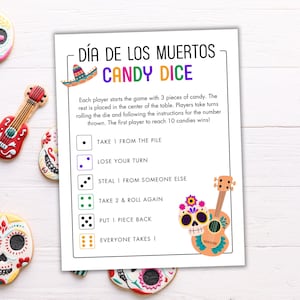 Juego de dados de dulces del Día de los Muertos - Juego de fiesta del Día de los Muertos imprimible - Juego de pasar dulces mexicano en el aula - Juego de dulces de Halloween