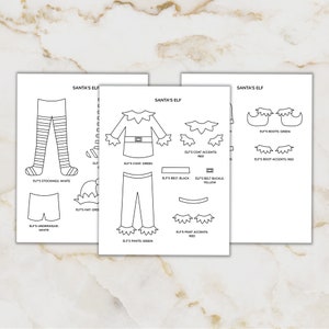 K&ouml;nnte beinhalten: Ausdruckbare Malvorlage mit einem Outfit f&uuml;r einen Weihnachtswichtel. Die Vorlage enth&auml;lt separate Teile f&uuml;r die M&uuml;tze, den Mantel, die Hose, den G&uuml;rtel, die Stiefel und anderes Zubeh&ouml;r des Wichtels. Der Text "Santa's Elf" steht oben auf der Seite.