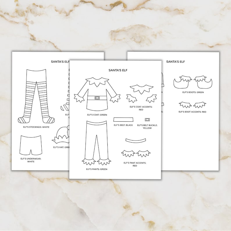 K&ouml;nnte beinhalten: Ausdruckbare Malvorlage mit einem Outfit f&uuml;r einen Weihnachtswichtel. Die Vorlage enth&auml;lt separate Teile f&uuml;r die M&uuml;tze, den Mantel, die Hose, den G&uuml;rtel, die Stiefel und anderes Zubeh&ouml;r des Wichtels. Der Text "Santa's Elf" steht oben auf der Seite.