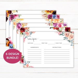 Bearbeitbare Rezeptkartenvorlage - 4x6 "und 5x7" - Buntes Blumenbündel - Leeres ausfüllbares PDF - Doppelseitig - Druckbarer Sofort-Download