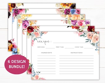 Editable Recipe Card Template - 4x6&quot; and 5x7&quot; - Colorful Floral Bundle - Blank Fillable PDF - Double-sided - Printable Instant Download