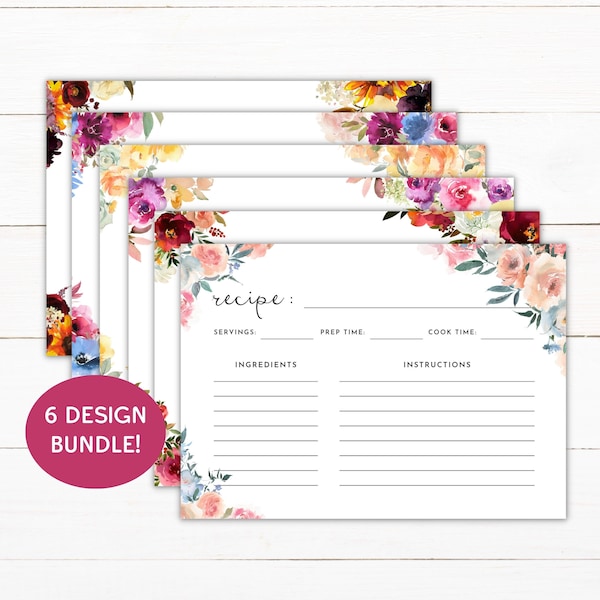 Editable Recipe Card Template - 4x6" and 5x7" - Colorful Floral Bundle - Blank Fillable PDF - Double-sided - Printable Instant Download