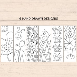 Printable Spring Coloring Bookmarks - Set of 6 - PDF Instant Digital Download - Unique Hand-Drawn Bookmarks to Print & Color at Home