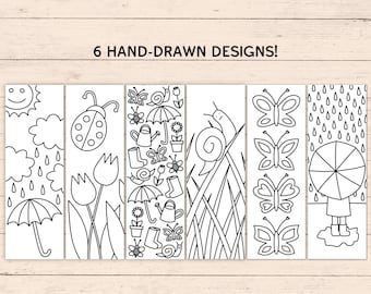 Printable Spring Coloring Bookmarks - Set of 6 - PDF Instant Digital Download - Unique Hand-Drawn Bookmarks to Print & Color at Home