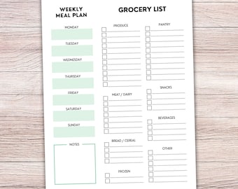 Printable Grocery List Menu Combo - US Letter + A4 - Editable Instant Download - Blank Fillable PDF - Weekly Meal Planner + Shopping List