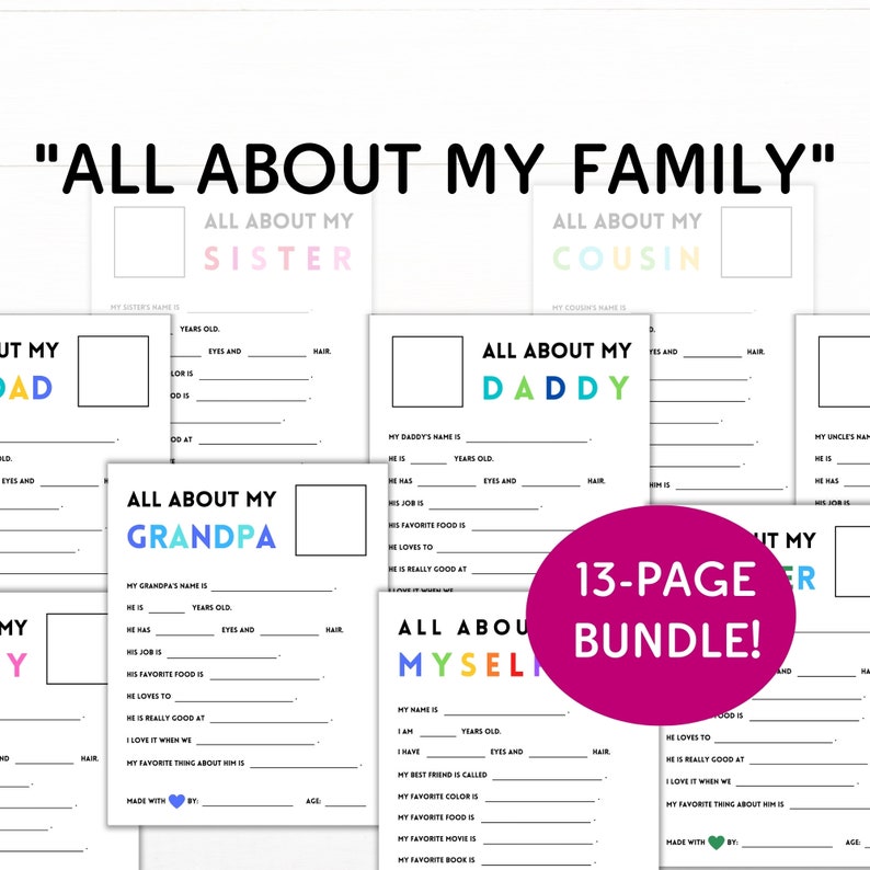 Printable All About My Family Questionnaires Instant Download Personalized Gift All About Me, My Daddy My Mommy and More image 1