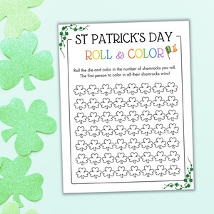 May include: A printable St. Patrick's Day game for kids. The game is called "Roll & Color" and includes instructions to roll a die and color in the corresponding number of shamrocks. There are 48 shamrocks to color.