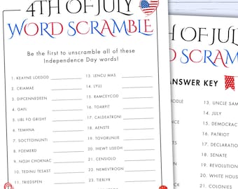 4th of July Word Scramble - Printable Independence Day Activity - Party Game for Kids & Adults - Word Jumble - Patriotic Unscramble