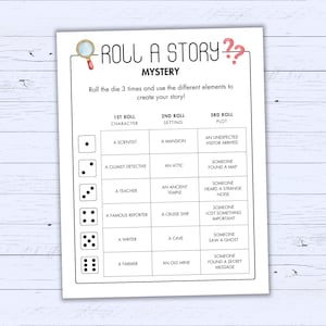 Rol een mysterieus verhaal - Creatief schrijven prompt activiteit - afdrukbaar verhaal dobbelspel - alfabetiseringsactiviteit - rol een verhaal - schrijfuitdaging