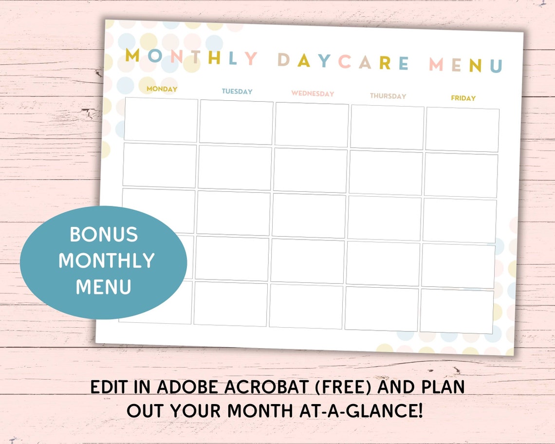 Printable Weekly &amp; Monthly Daycare Menu Blank Fillable PDF - Etsy Canada