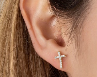 Cross Stud Earrings in Sterling Silver, CZ Cross Stud Earrings, Gift for her, Christmas Gift