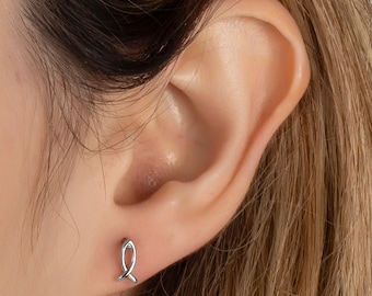 Sterling Silver Fish Stud Earrings: Minimalist Dainty Jewelry, Gift for her
