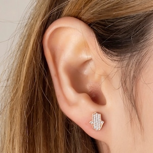 Hamsa Hand Stud Earrings in Sterling Silver, CZ Hamsa Studs, Gift for her, Best Friend Gift, Christmas Gift