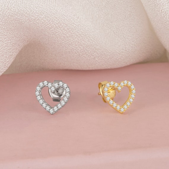 Open Heart Stud Earrings in Sterling Silver CZ Silver Heart