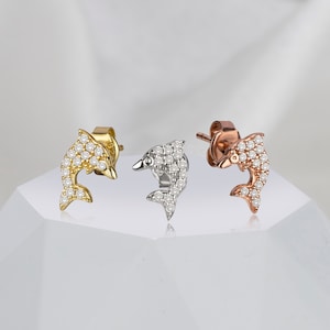 Dolphin Stud Earrings in Sterling Silver, CZ Crystal Earrings, Dainty Earrings, Gift for her, Best Friend Gift, Christmas Gift