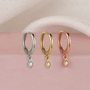 Sterling Silver Dangle Hoop Earrings: CZ Charm Huggies, Christmas Gift