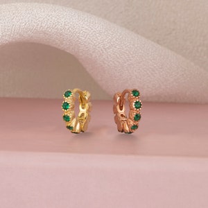 Emerald Green CZ Huggie Hoop Earrings in Sterling Silver, Silver Emerald Hoop Earrings, Gift for her, Christmas Gift, ONLY SILVER