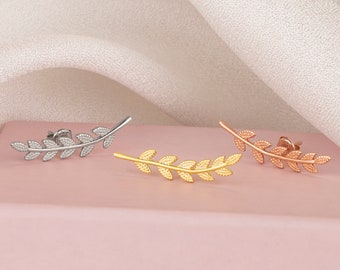 Pendientes trepadores de hojas de plata de ley: pendientes de rama de cristal CZ, regalo para ella