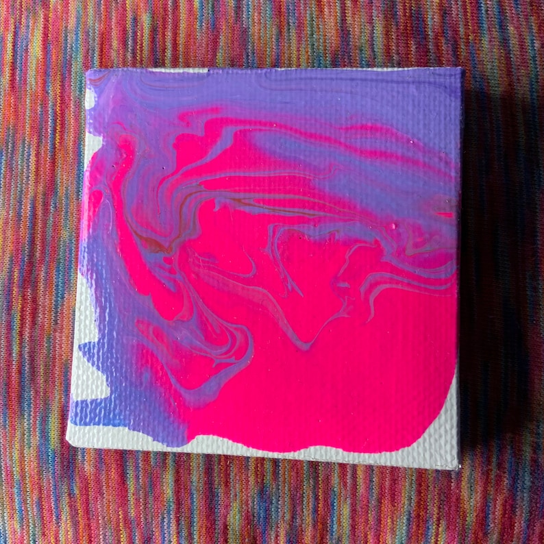 dreamy neon escape Tiny 3x3 acrylic pour on stretched canvas Includes free stickers abstract art paint pour