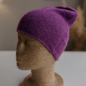 Women’s Angora Wool Beanie – Light Lavender Hat, Soft- Delicate Knit, No Cuff, Handmade Cozy Hat for Spring, Fall & Mild Winter