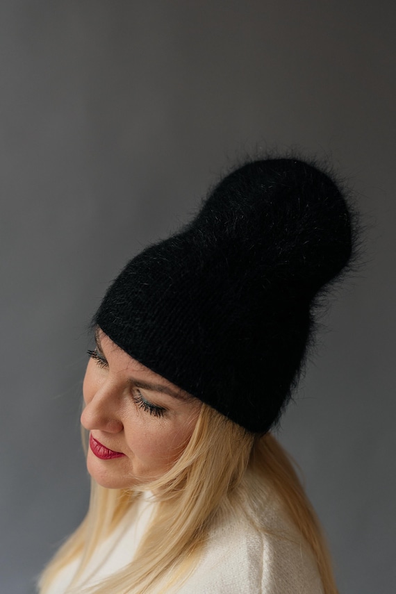 Black Angora Beanie for Women | Handmade Warm Knit Hat - Etsy display picture 2