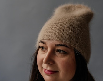 Handmade Angora Wool Beanie: Soft Mocha Brown Knit Hat