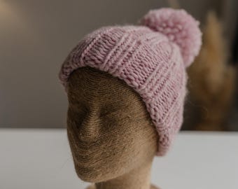 Chunky Knit Beanie: Handmade Pastel Pink Peruvian Wool Pom-Pom Hat
