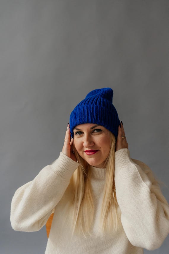 Hand Knit Electric Blue Merino Beanie: Italian Wool Slouch  display picture 3