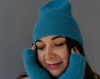 Handmade Angora Beanie & Mittens Set in Deep Sea Blue | Cozy Winter Gift for Women