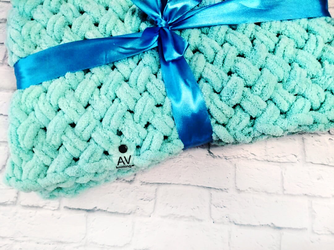 Mint Green Hand Knitted Baby Blanket Alize Puffy Neutral Etsy
