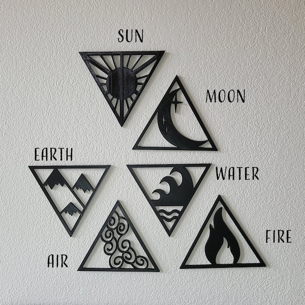 The Elements Wall Decor - The Four Elements - 3D Printed Elements - Sun - Moon - Earth - Wind - Fire - Water