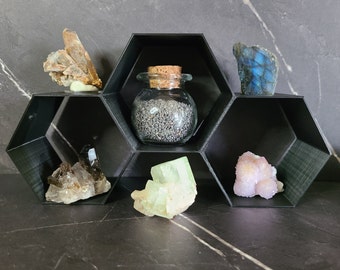 Honeycomb Display Shelf - 3D Printed Hexagonal Display Shelf - Rock and Mineral Display Organizer - Tabletop Honeycomb Shelf For Miniatures
