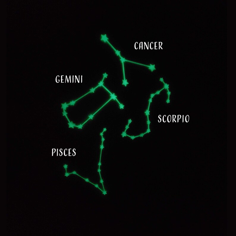 May include: A black background with green glow-in-the-dark star constellations representing the zodiac signs Gemini, Cancer, Pisces, and Scorpio.