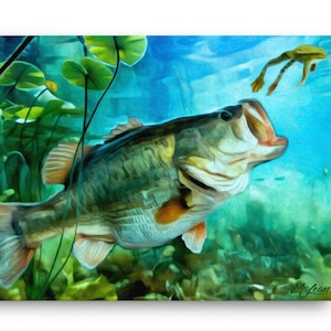 LARGEMOUTH BASS Fish Fine Art Canvas Giclee Print - Florida Everglades Freshwater Gift For Men Women, Coastal Lake Home Decor Wall Art Sign