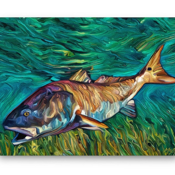 REDFISH (Red Drum) Inshore Fine Art Canvas Giclee Print - Florida Everglades Saltwater Gift For Men Women, Coastal Home Decor Wall Art Sign