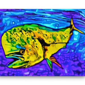 Horizontal art print of a mahi dolphin swimming in the deep waters of the blue ocean in colors of yellows and greens. Available in three sizes (12x16, 18x24 and 24x36 inches) as either an unframed giclee print or as a ready to hang canvas print.