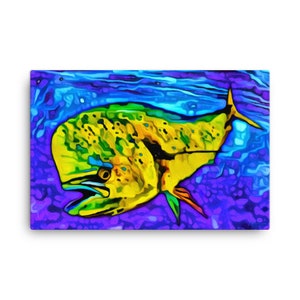 Horizontal art print of a mahi dolphin swimming in the deep waters of the blue ocean in colors of yellows and greens. Available in three sizes (12x16, 18x24 and 24x36 inches) as either an unframed giclee print or as a ready to hang canvas print.