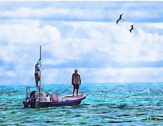 FISHING SCENE Ocean Boat Fine Art Canvas Giclee Print Florida Everglades  Saltwater Gift for Men Women, Coastal Home Decor Wall Art Sign 